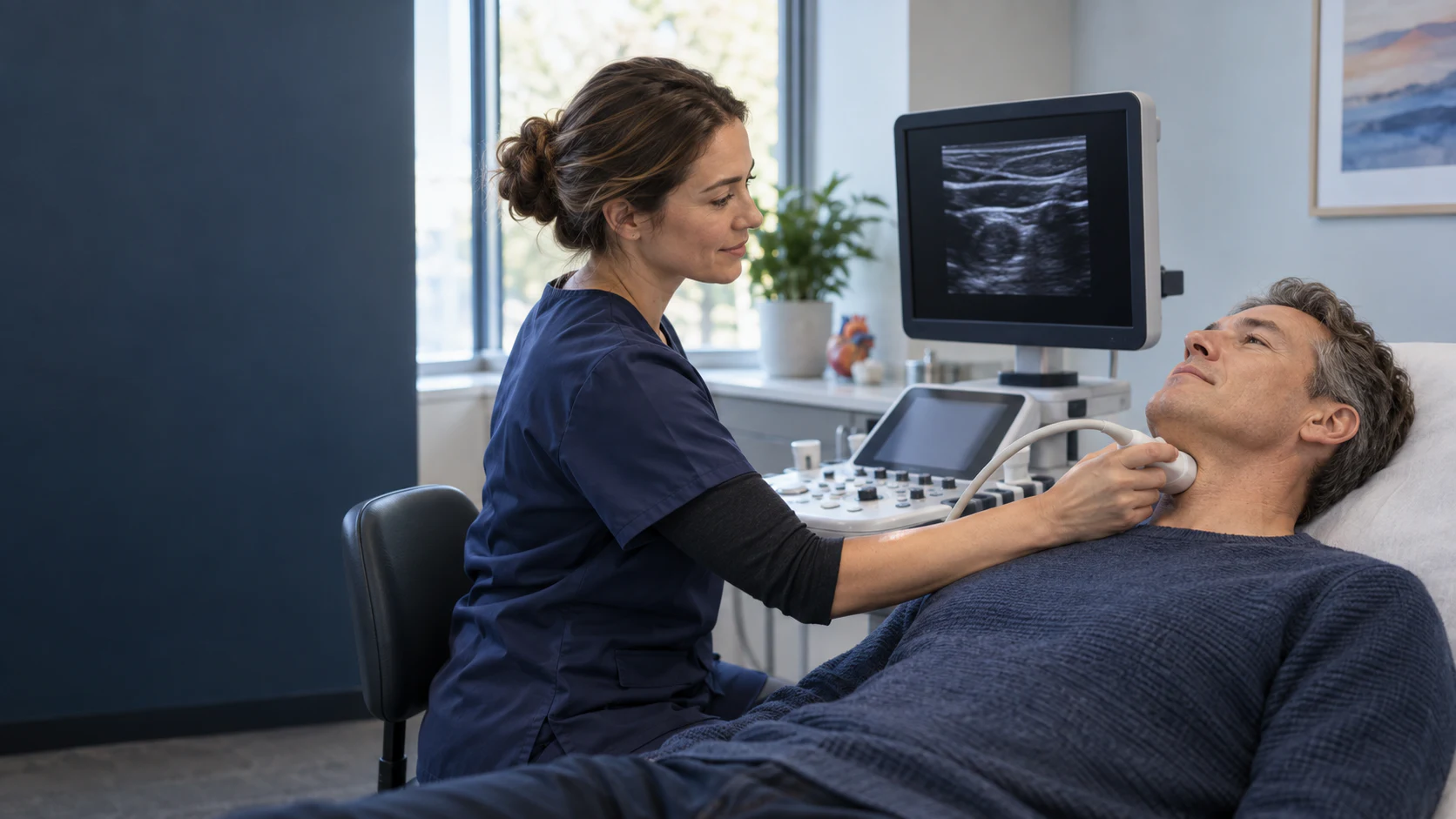 A cardiac sonographer performing a non-invasive cardiovascular screening in a primary care exam room